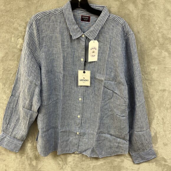 Untuckit Shirt Women’s 18 100% Linen Blue Striped Button Up Top NWT New Collared - Picture 1 of 5